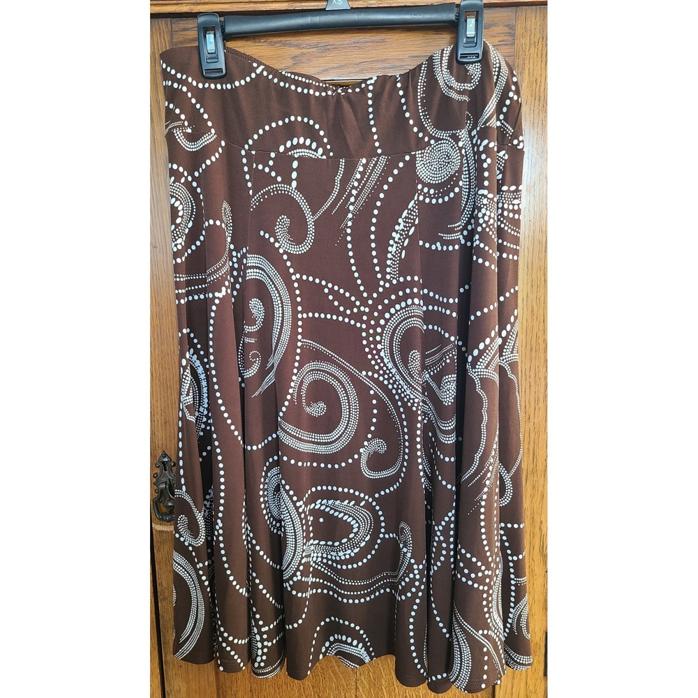 Susan Graver Style Brown White Dotted Swirl Paisley Midi Skirt Large A9647